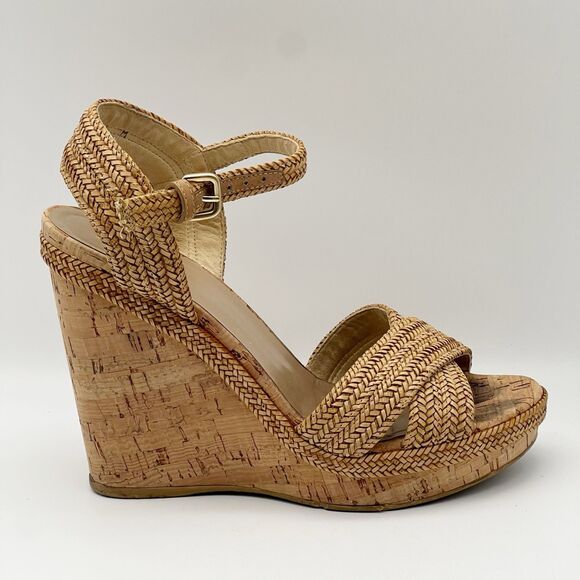 Stuart Weitzman Minx Tan Woven Leather Ankle Strap Cork Wedge Sandals Women’s 7 - Picture 1 of 16